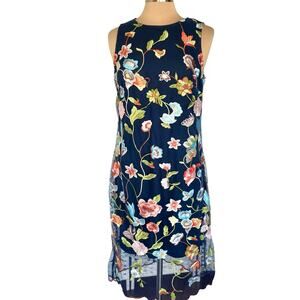 Donna Ricco Floral Embroidered Mesh Overlay Blue Sheath Dresss Sz 12 Sleeveless